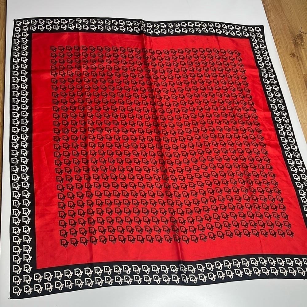 Vintage Christian Dior 35” Silk Red Black White Logo Scarf - Picture 2 of 5